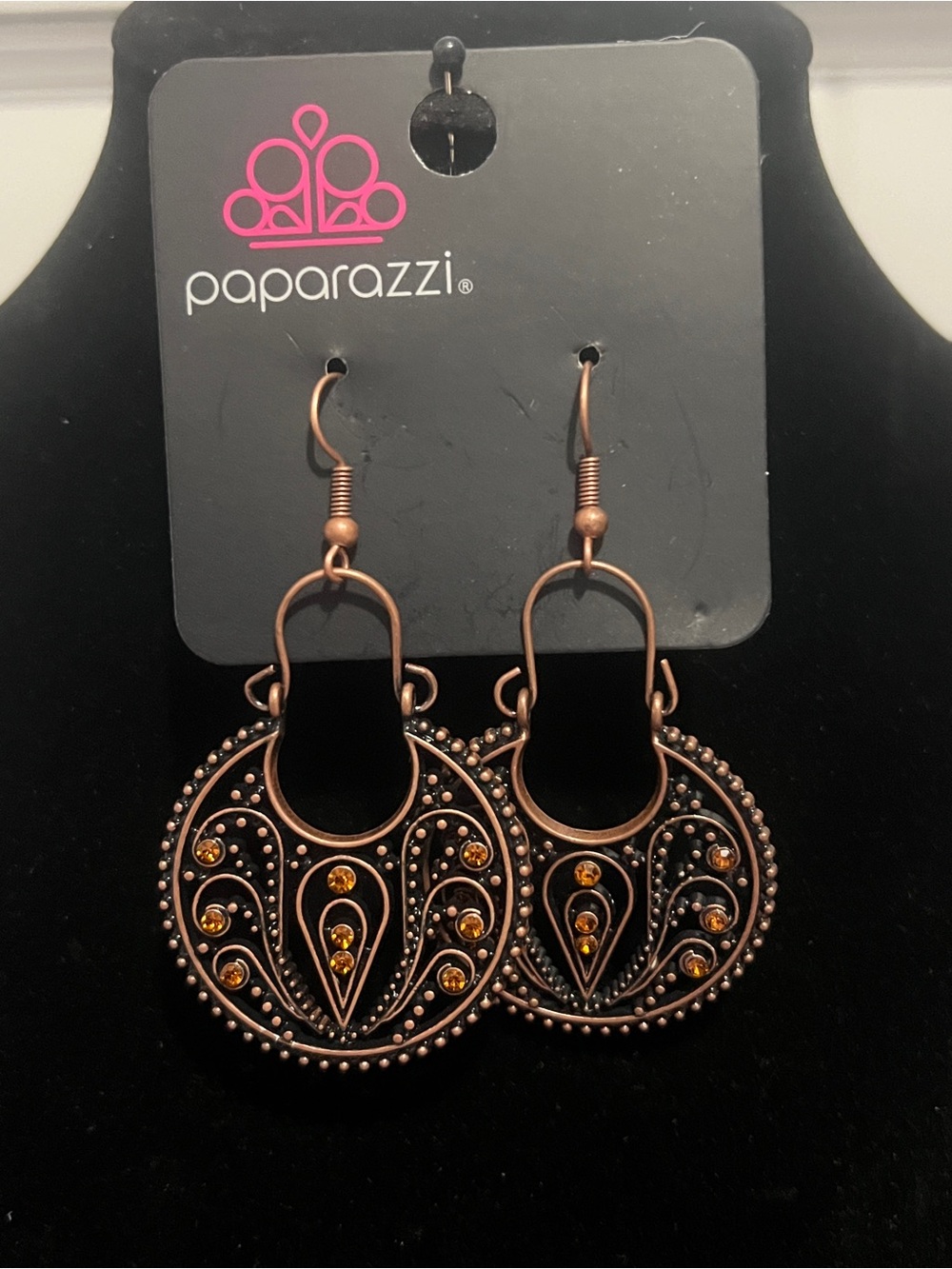 Paparazzi Copper-Tone Amber Accent Filigree Hoop Earrings